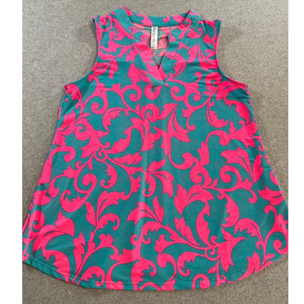 Dear Scarlett Sleeveless Top Womens S Teal Pink Excellent‎ Damask Print Blouse